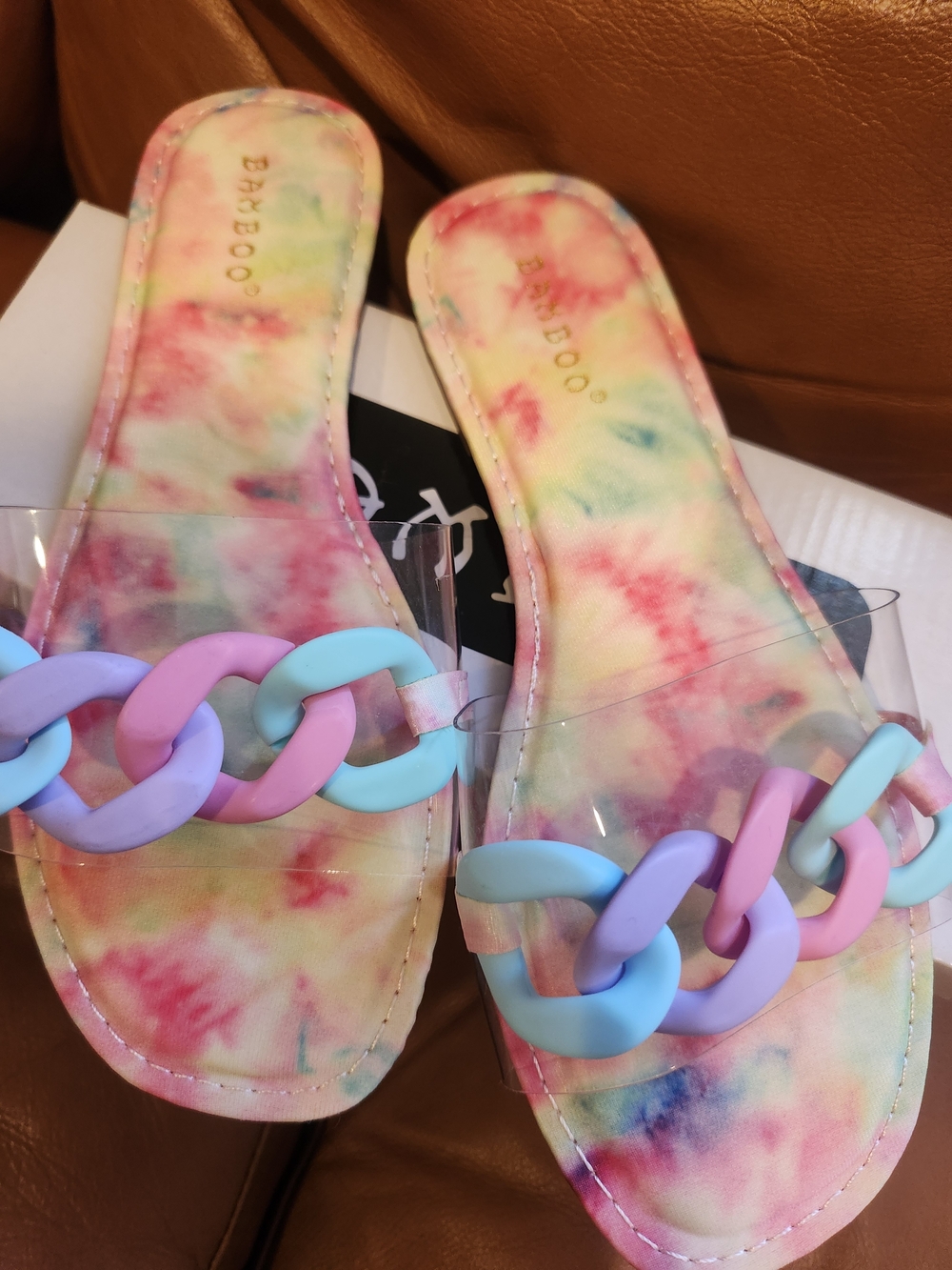 Bamboo Colorful Tie-Dye Slide Sandals with Pastel Chain Detail NIB SIZE 7
